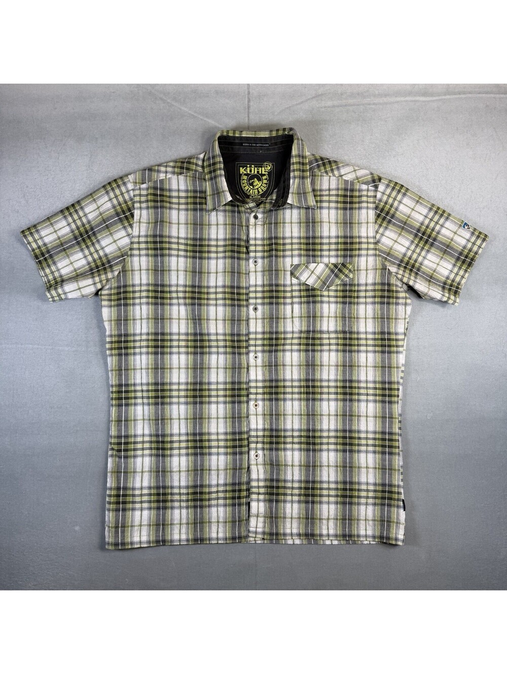 Kuhl Response Shirt Men's XL Green White Plaid Seersucker Hiking Short Sleeve